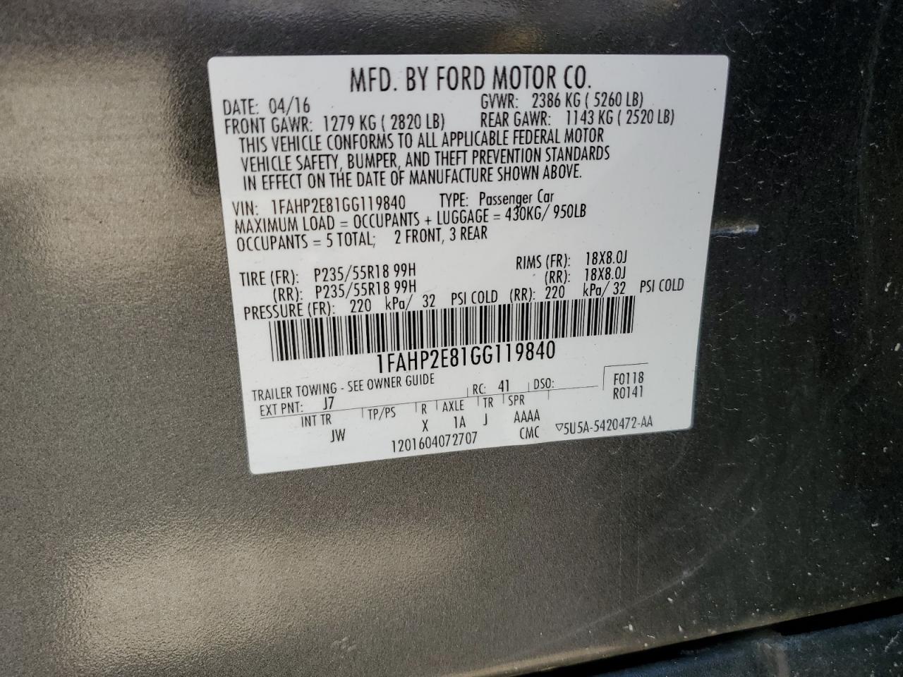 2016 Ford Taurus Sel VIN: 1FAHP2E81GG119840 Lot: 64304405
