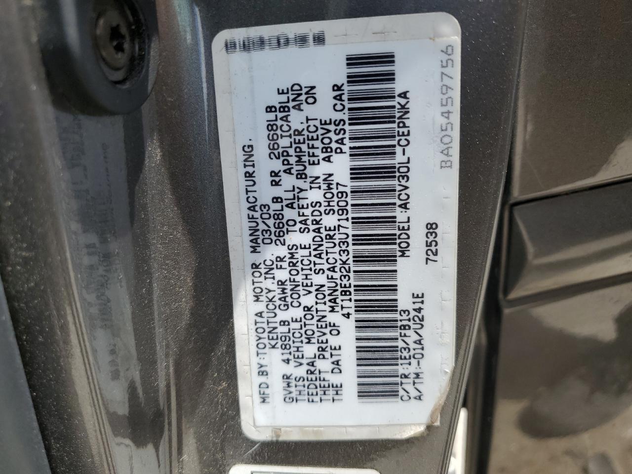 2003 Toyota Camry Le VIN: 4T1BE32K33U719097 Lot: 65037185