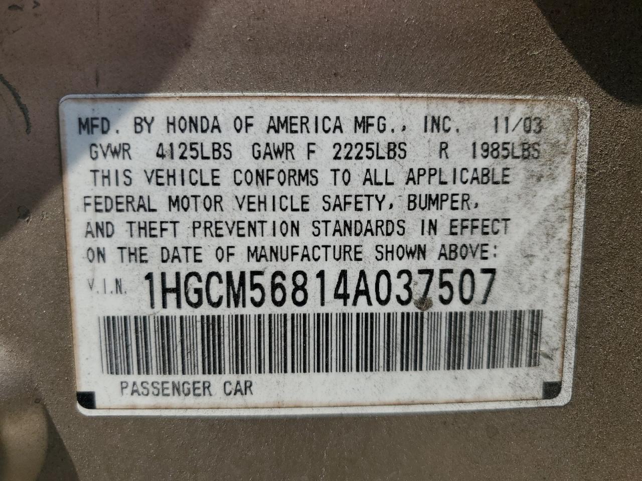 2004 Honda Accord Ex VIN: 1HGCM56814A037507 Lot: 63741085