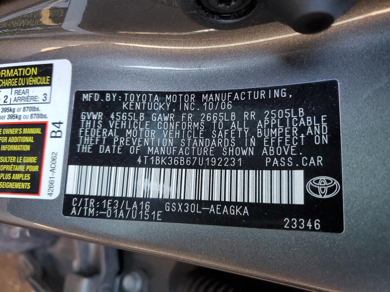2007 Toyota Avalon Xl VIN: 4T1BK36B67U192231 Lot: 65599615
