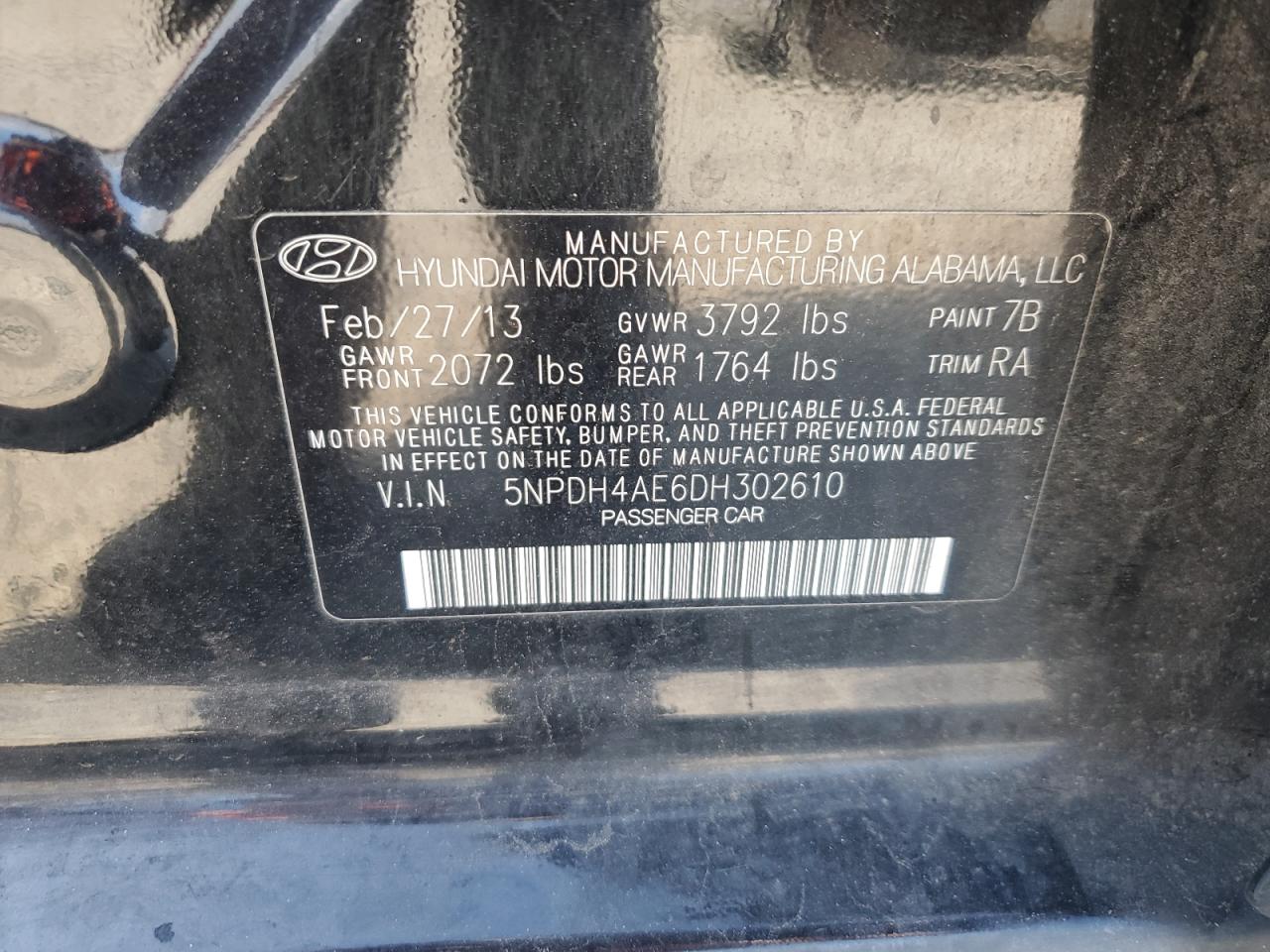 2013 Hyundai Elantra Gls VIN: 5NPDH4AE6DH302610 Lot: 65215645