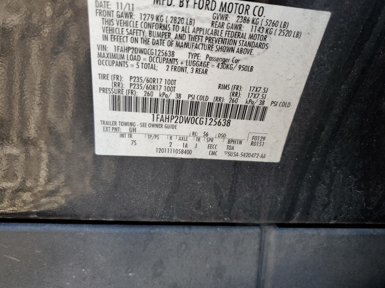 2012 Ford Taurus Se VIN: 1FAHP2DW0CG125638 Lot: 64120195