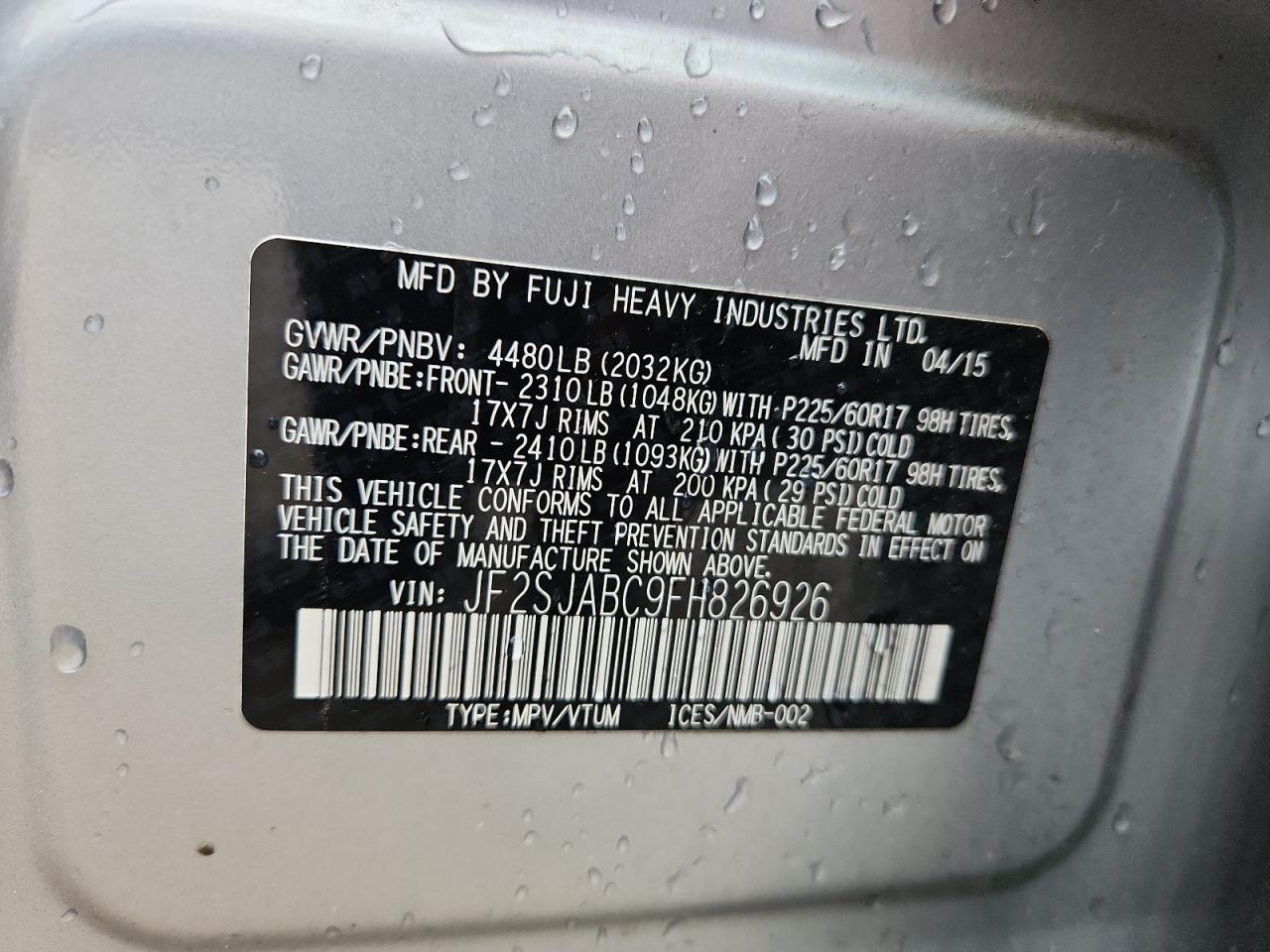 2015 Subaru Forester 2.5I VIN: JF2SJABC9FH826926 Lot: 65190165
