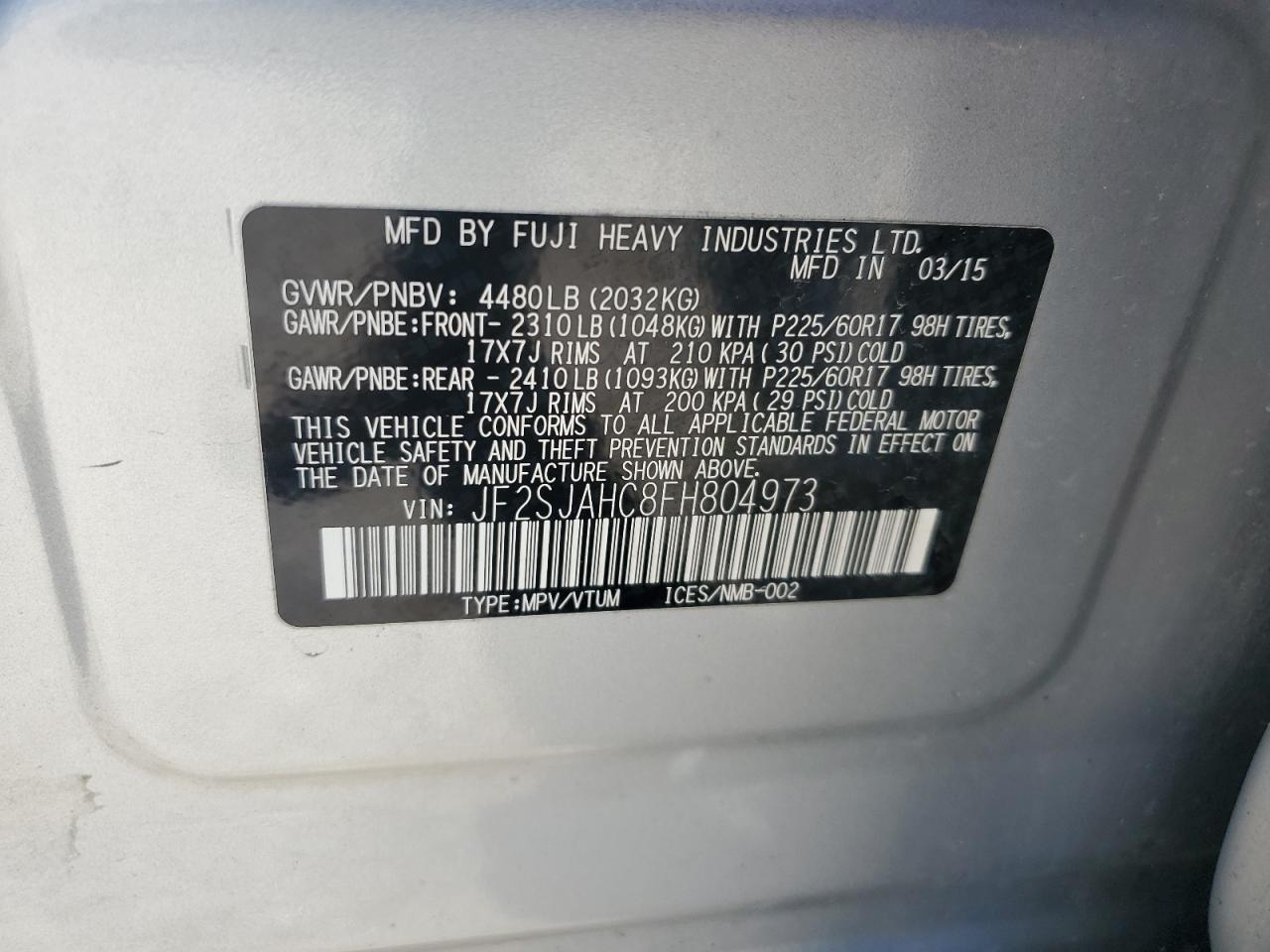 2015 Subaru Forester 2.5I Limited VIN: JF2SJAHC8FH804973 Lot: 64097975