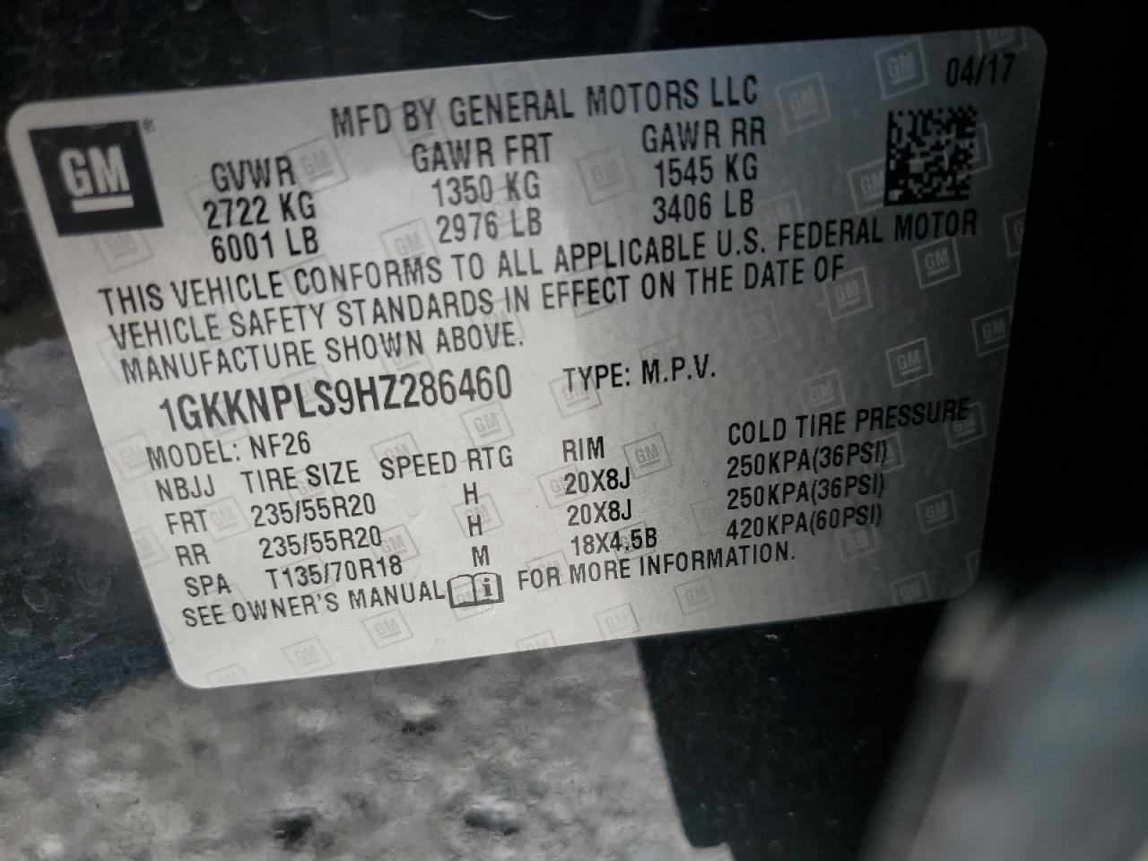 1gkknpls9hz286460 1GKKNPLS9HZ286460 2017 GMC Acadia Denali