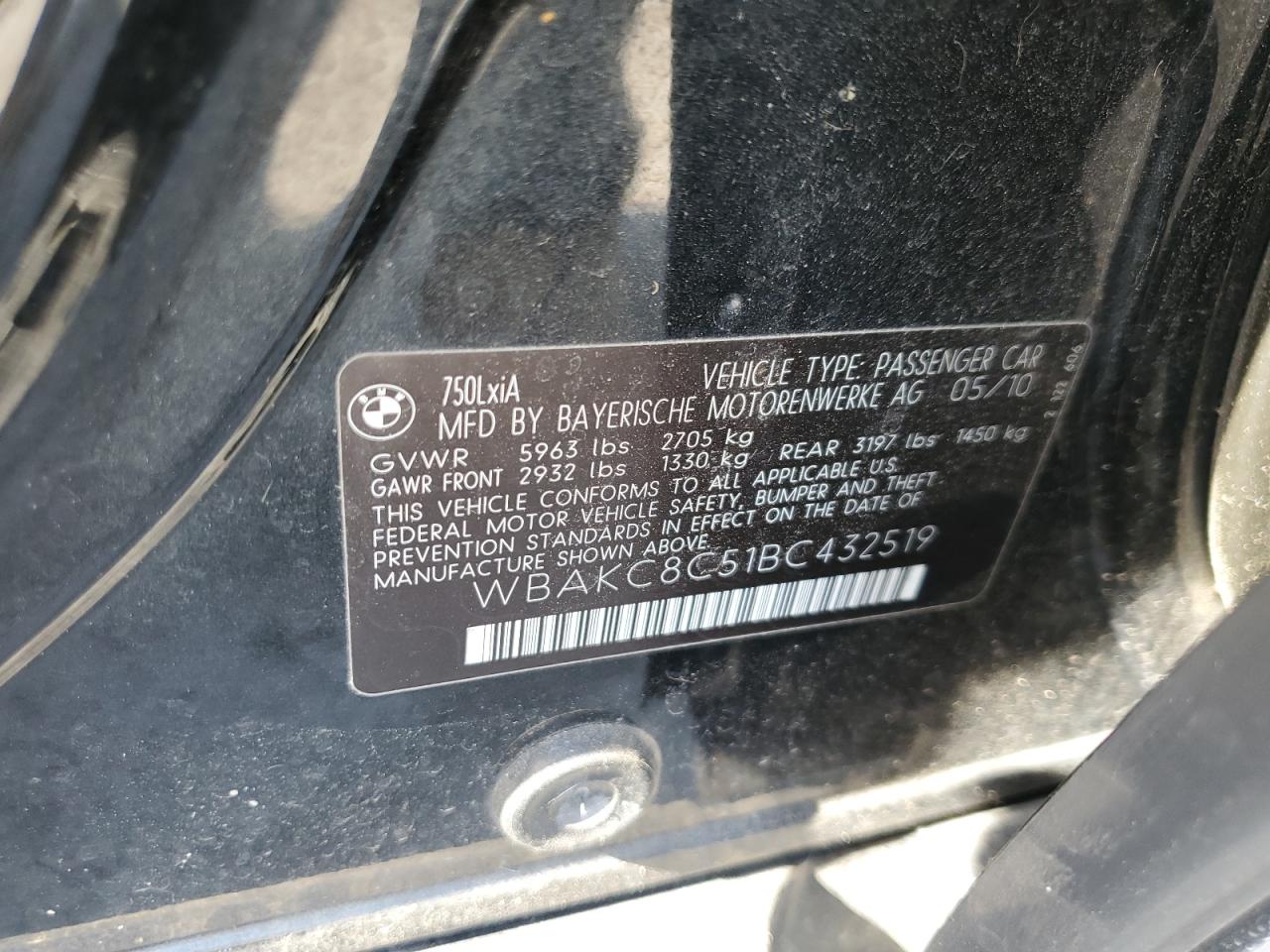 2011 BMW 750 Lxi VIN: WBAKC8C51BC432519 Lot: 63945625