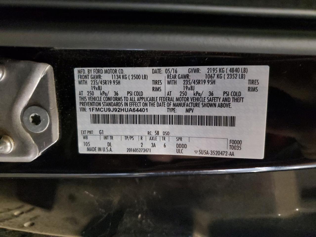 2017 Ford Escape Titanium VIN: 1FMCU9J92HUA64401 Lot: 65155895