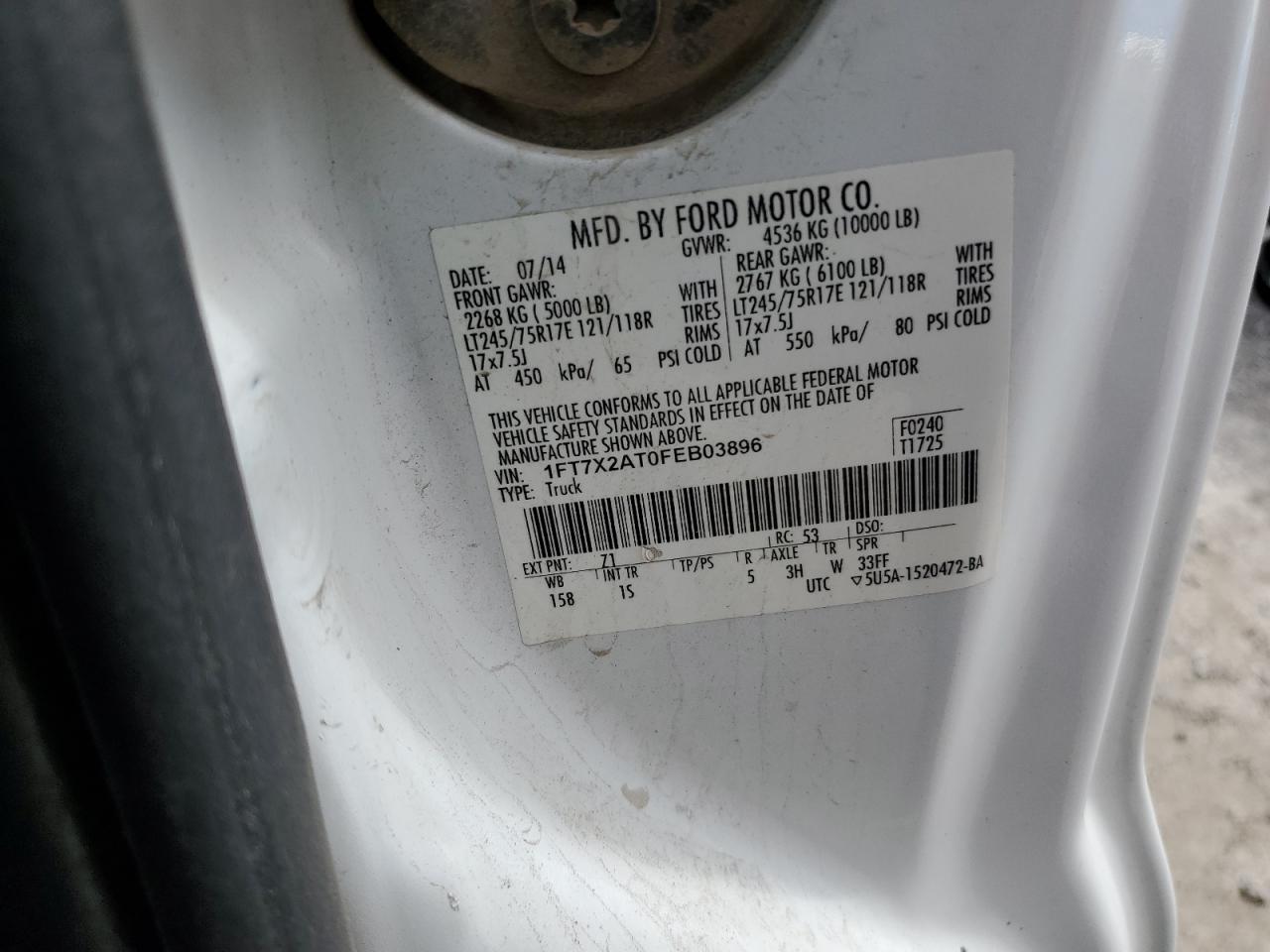 2015 Ford F250 Super Duty VIN: 1FT7X2AT0FEB03896 Lot: 65409005