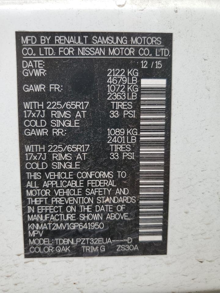 KNMAT2MV1GP641950 NISSAN ROGUE 2016