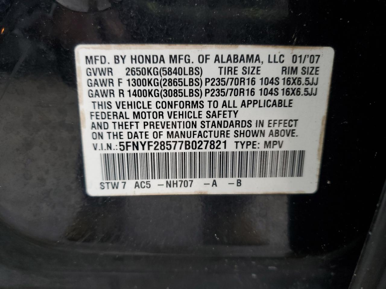 2007 Honda Pilot Exl VIN: 5FNYF28577B027821 Lot: 64423705