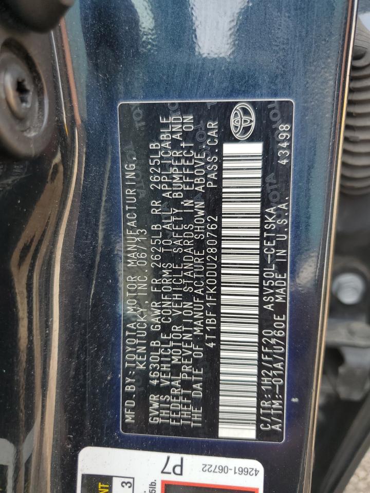 2013 Toyota Camry L VIN: 4T1BF1FK0DU280762 Lot: 64772965