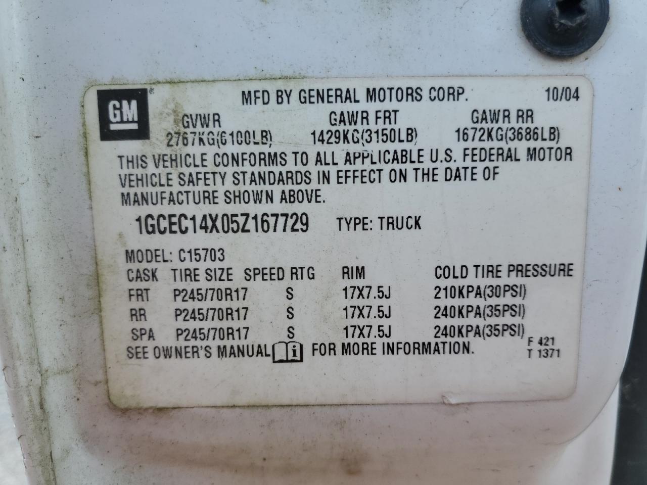 2005 Chevrolet Silverado C1500 VIN: 1GCEC14X05Z167729 Lot: 64202595