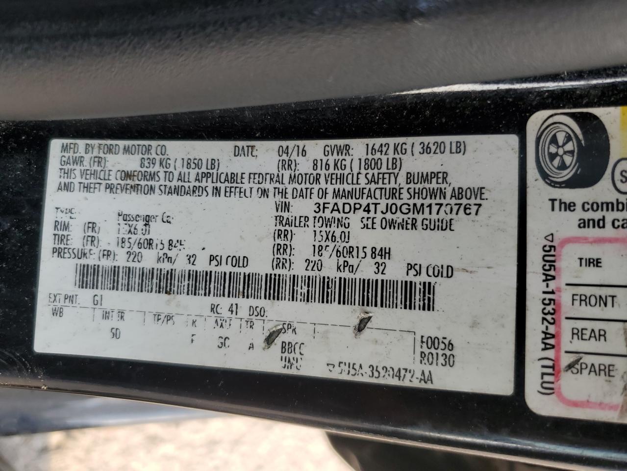 3FADP4TJ0GM170767 2016 Ford Fiesta S