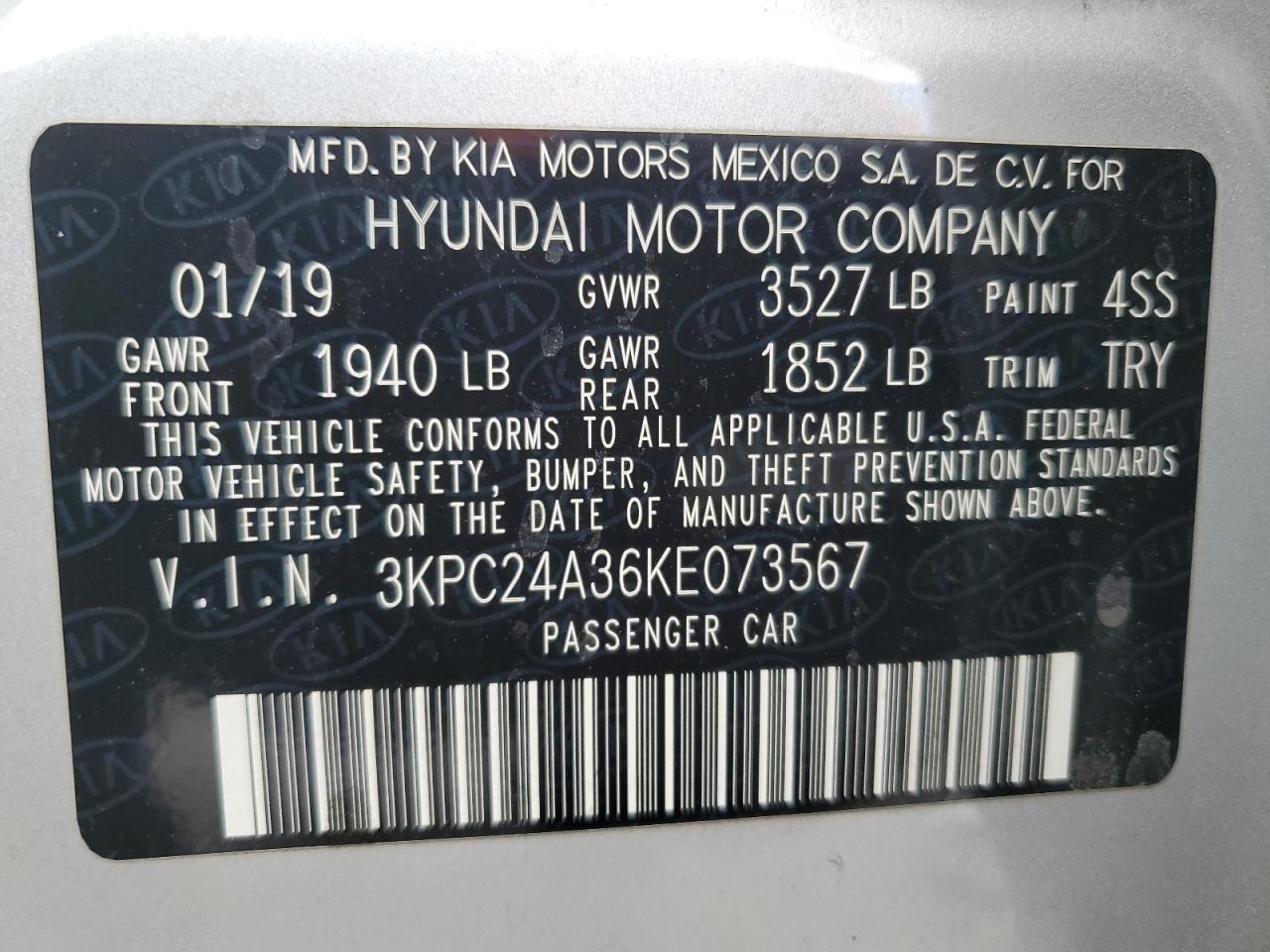 2019 Hyundai Accent Se VIN: 3KPC24A36KE073567 Lot: 63404915
