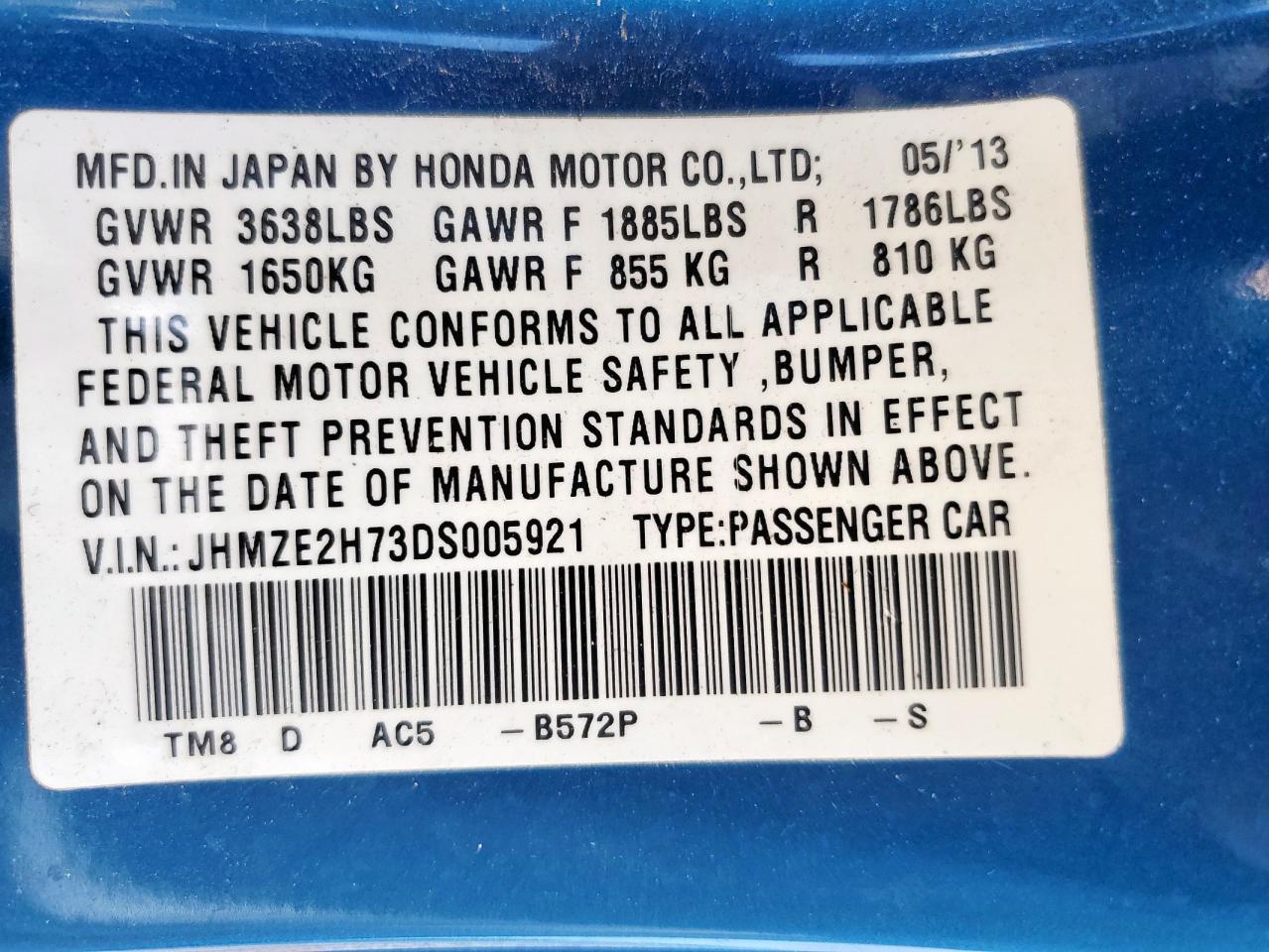2013 Honda Insight Ex VIN: JHMZE2H73DS005921 Lot: 64181765
