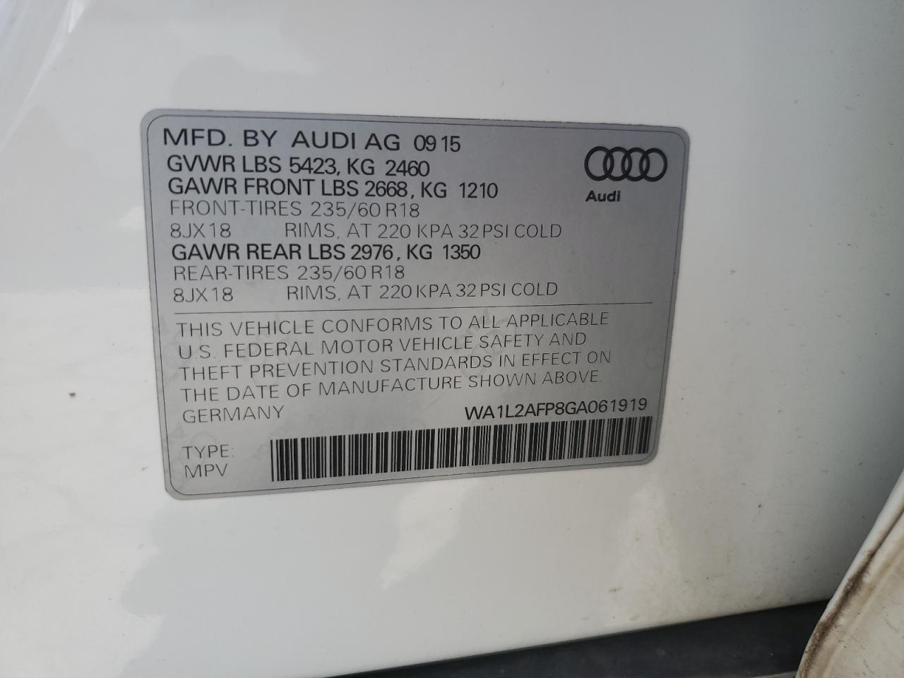 2016 Audi Q5 Premium Plus VIN: WA1L2AFP8GA061919 Lot: 65070215