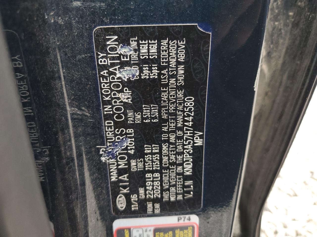 2017 Kia Soul + VIN: KNDJP3A57H7442580 Lot: 62881225
