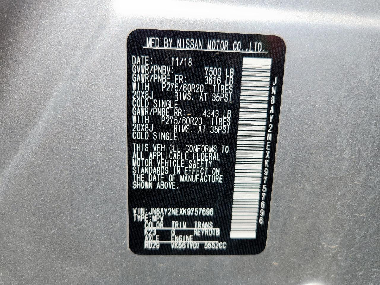 2019 Nissan Armada Platinum VIN: JN8AY2NEXK9757696 Lot: 63616215