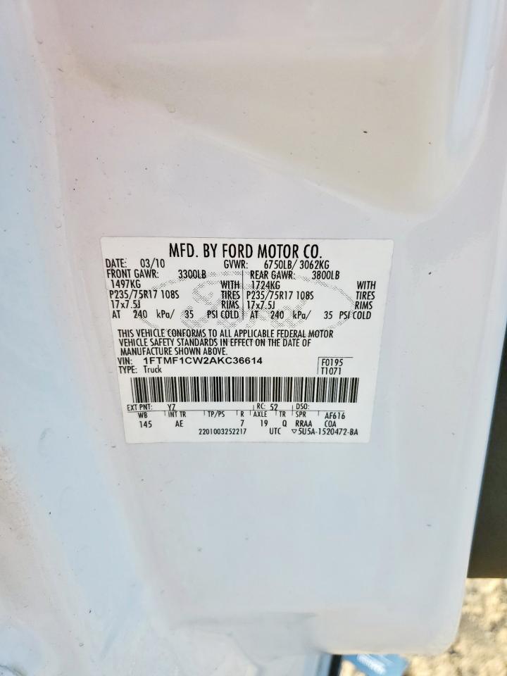 2010 Ford F150 VIN: 1FTMF1CW2AKC36614 Lot: 66727955