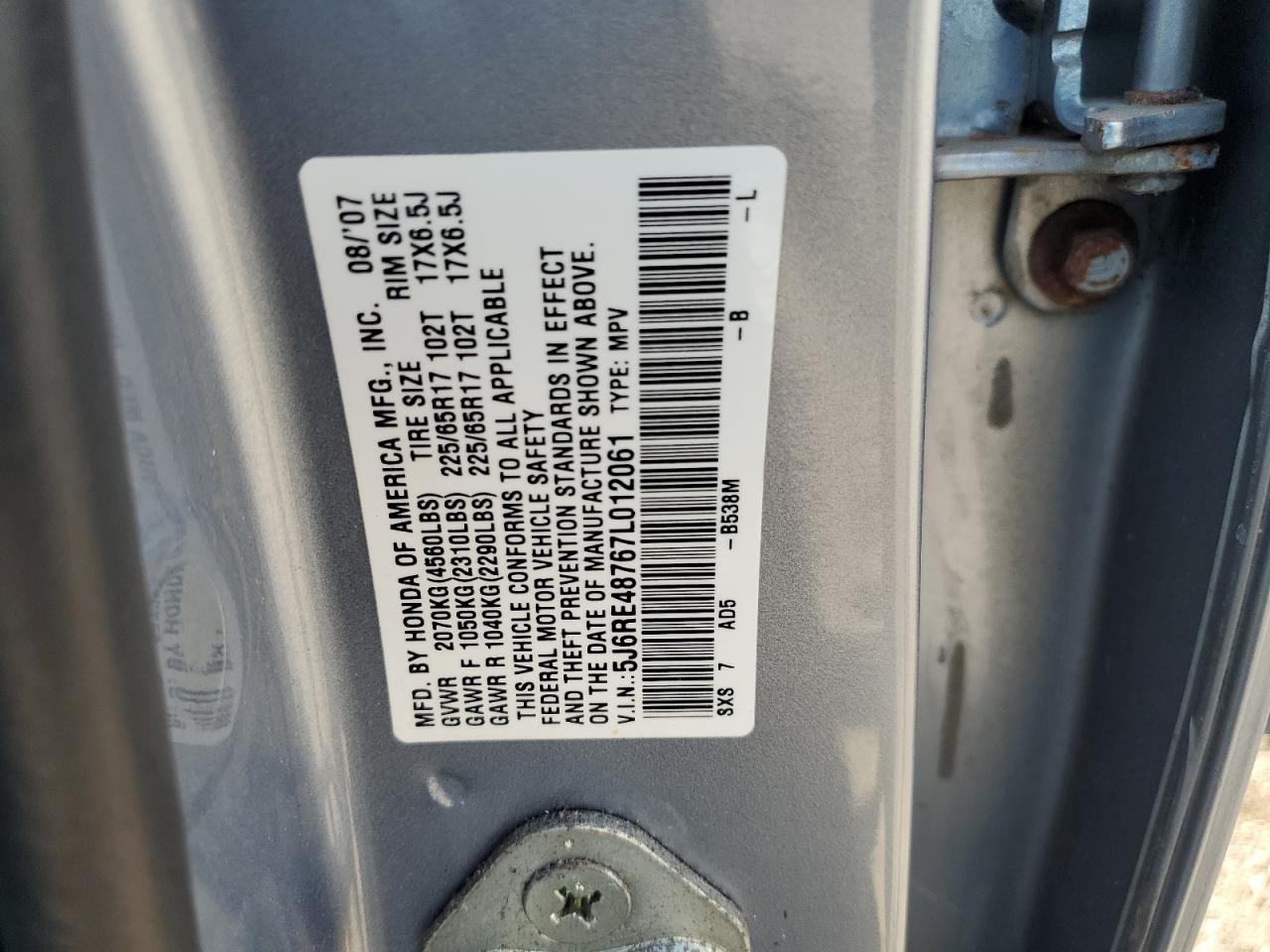 2007 Honda Cr-V Exl VIN: 5J6RE48767L012061 Lot: 64554265