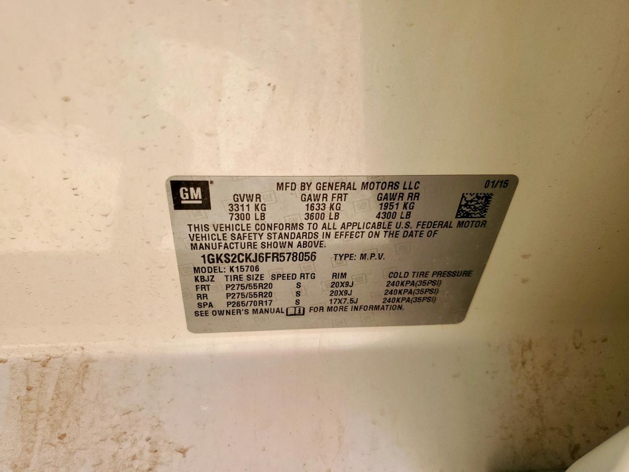 2015 GMC Yukon Denali VIN: 1GKS2CKJ6FR578056 Lot: 66544955