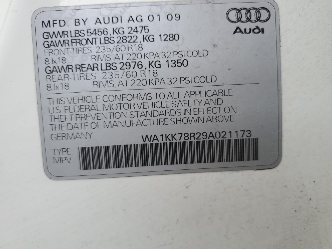 2009 Audi Q5 3.2 VIN: WA1KK78R29A021173 Lot: 64997025