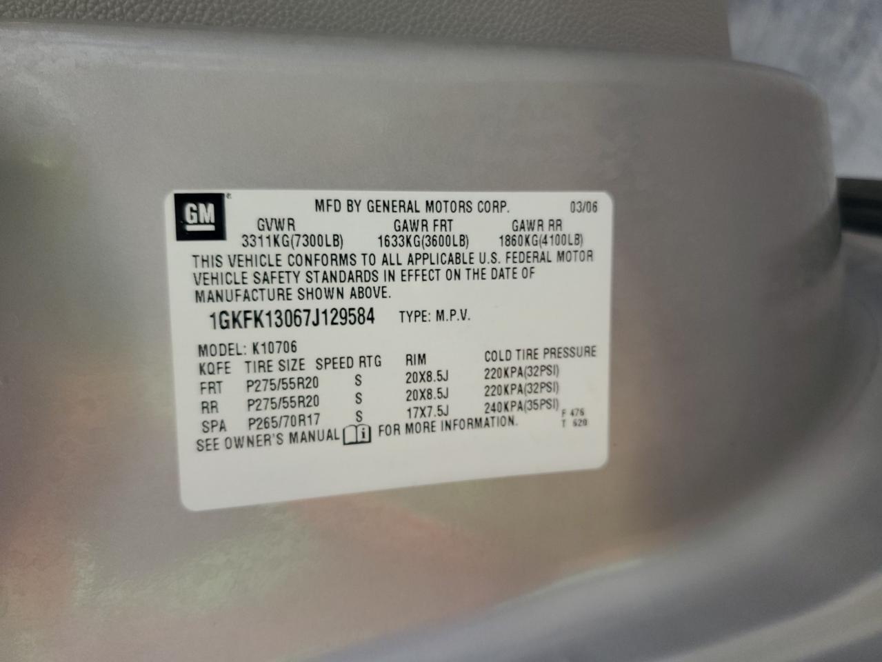2007 GMC Yukon VIN: 1GKFK13067J129584 Lot: 62888195