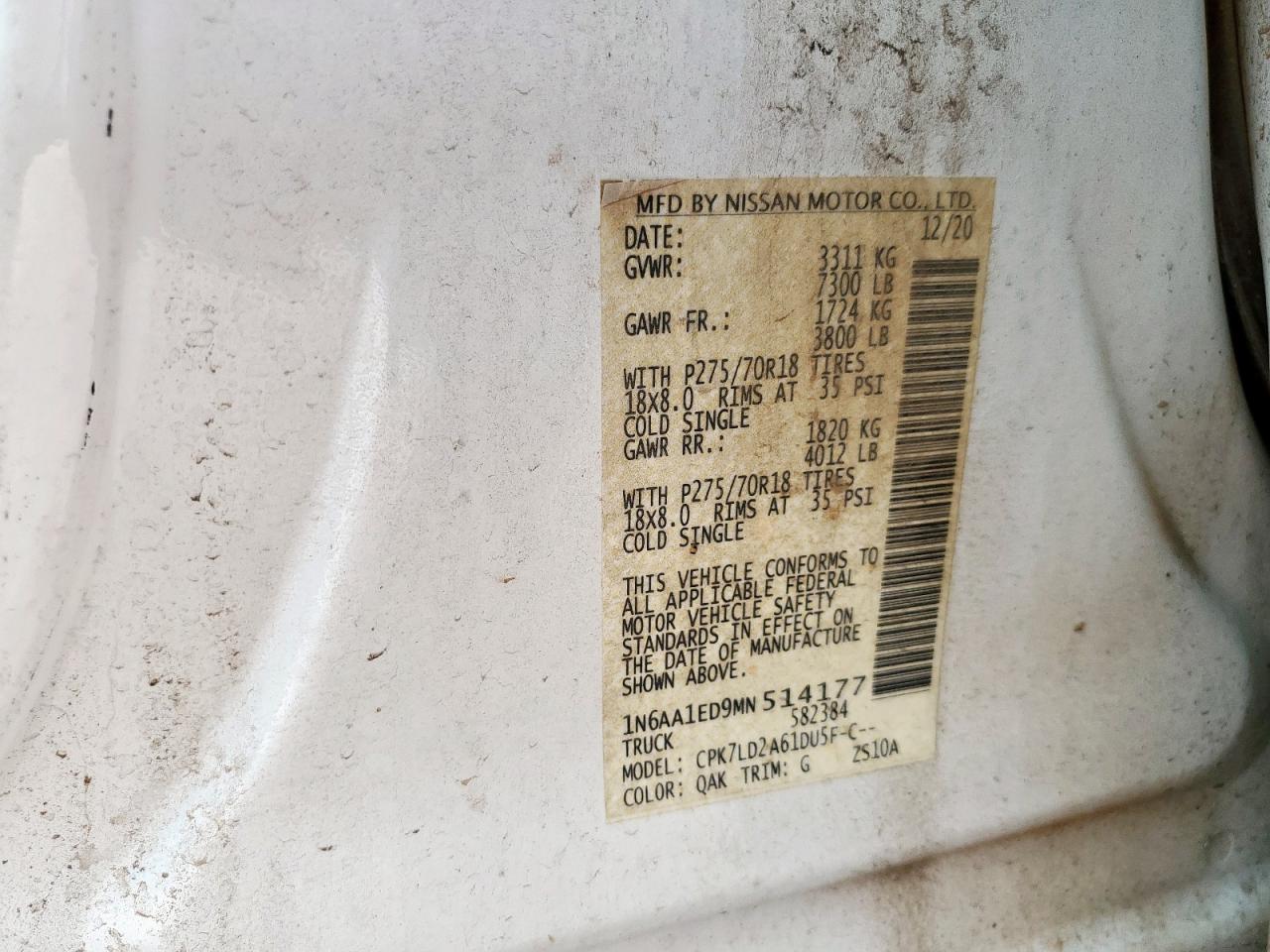 2021 Nissan Titan Sv VIN: 1N6AA1ED9MN514177 Lot: 62989515