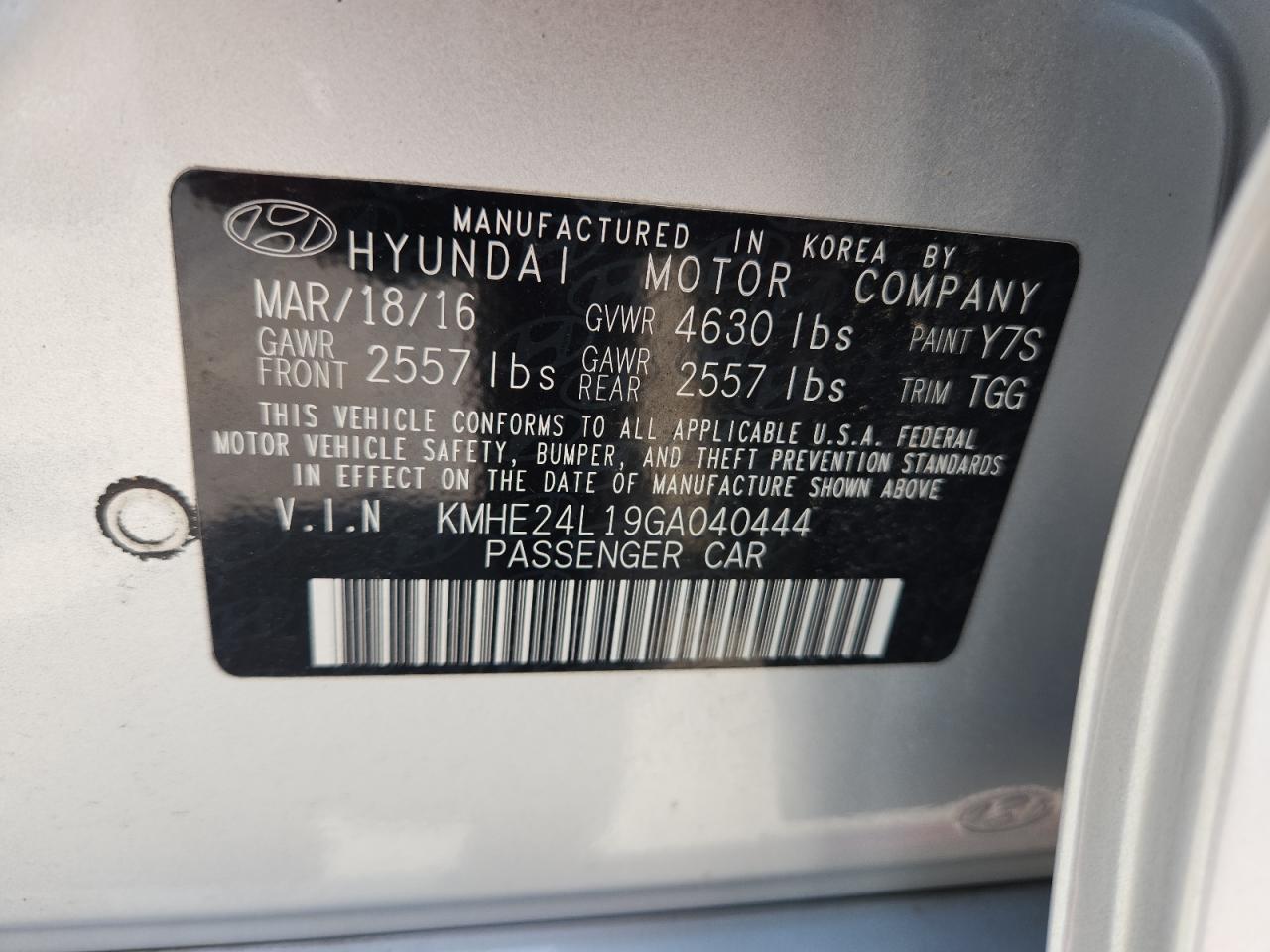 2016 Hyundai Sonata Hybrid VIN: KMHE24L19GA040444 Lot: 65514025