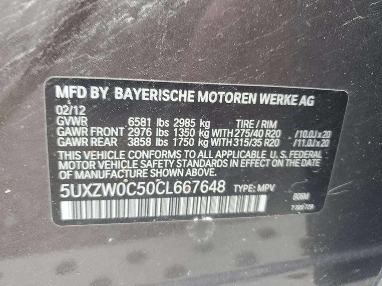 2012 BMW X5 xDrive35D VIN: 5UXZW0C50CL667648 Lot: 64450525