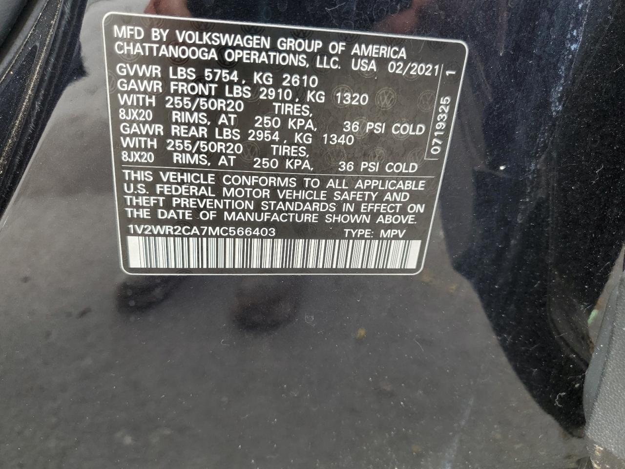 2021 Volkswagen Atlas Se VIN: 1V2WR2CA7MC566403 Lot: 65161875