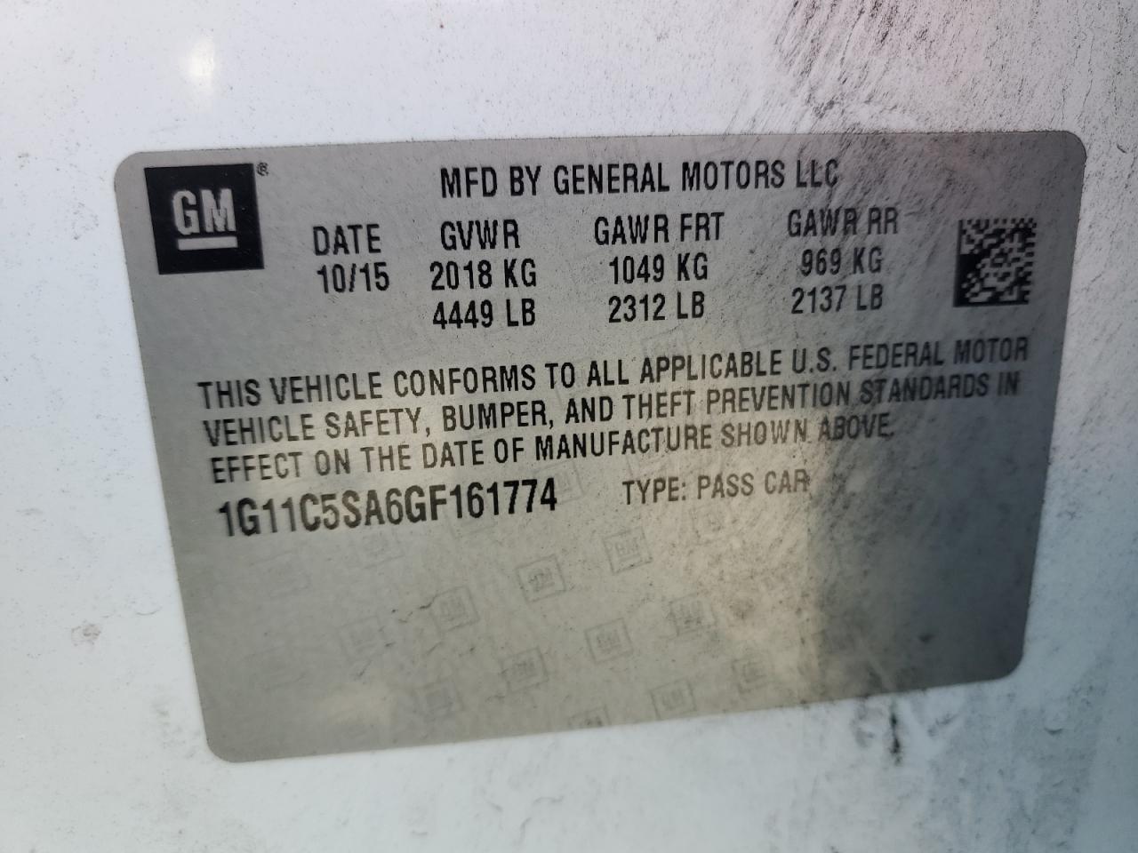 1G11C5SA6GF161774 CHEVROLET MALIBU 2016