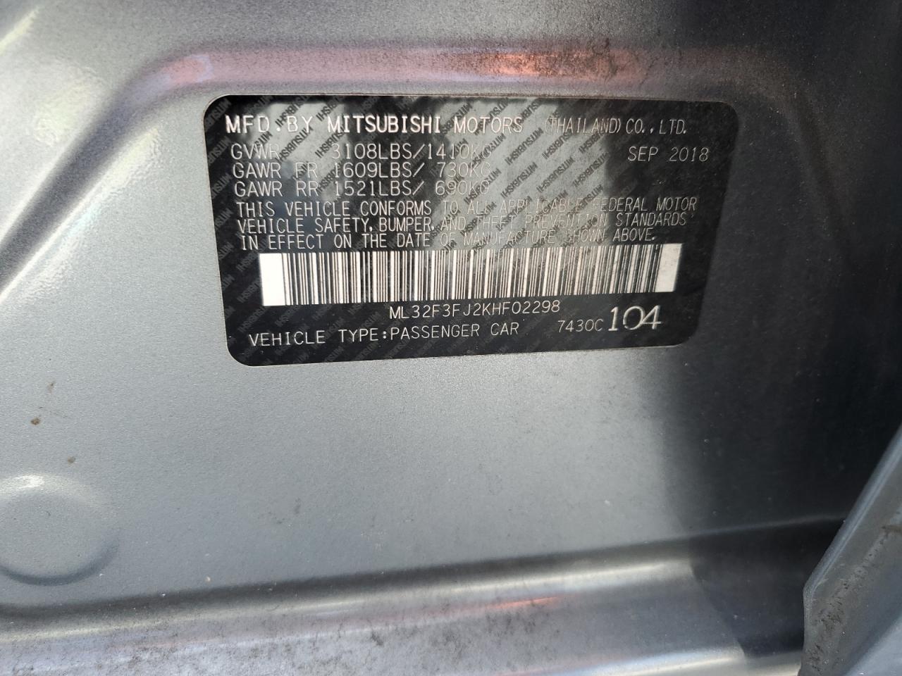 2019 Mitsubishi Mirage G4 Es VIN: ML32F3FJ2KHF02298 Lot: 64148415