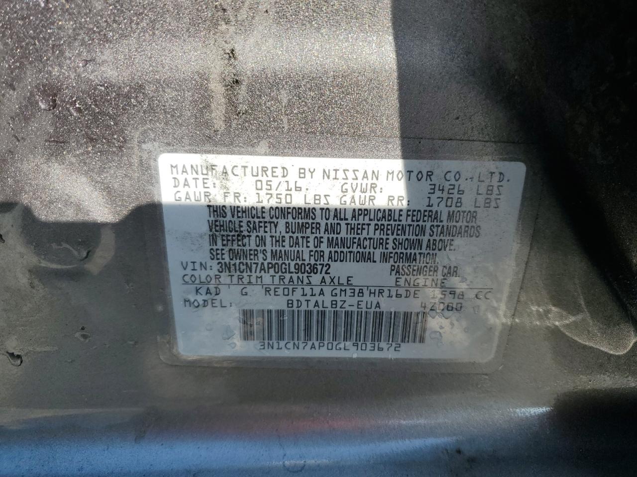 2016 Nissan Versa S VIN: 3N1CN7AP0GL903672 Lot: 64816625
