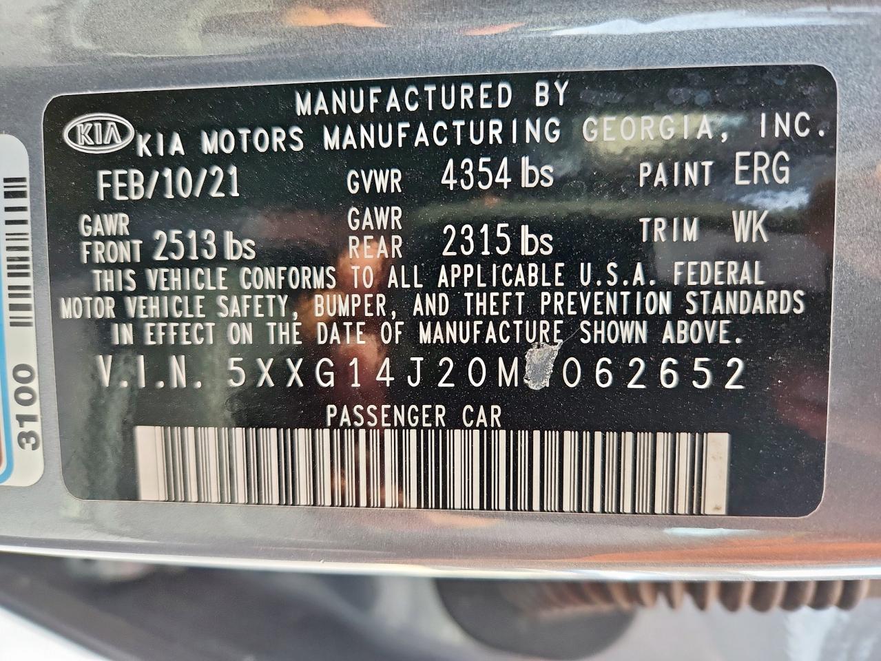 2021 Kia K5 Lxs VIN: 5XXG14J20MG062652 Lot: 65072505