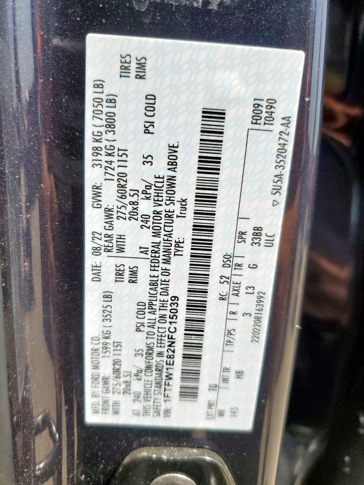 2022 Ford F150 Supercrew VIN: 1FTFW1E82NFC15039 Lot: 65258475