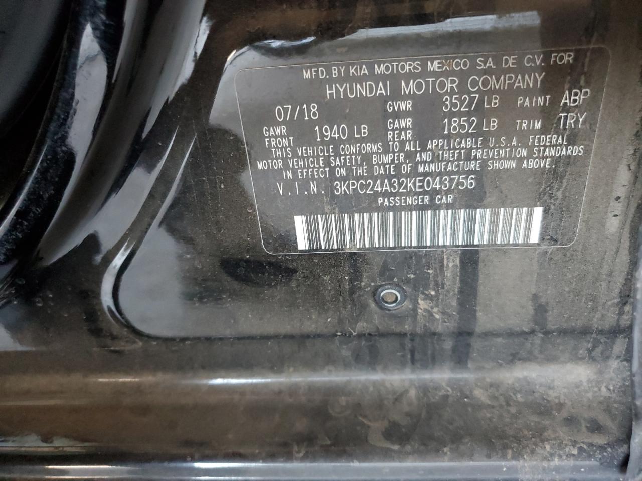 2019 Hyundai Accent Se VIN: 3KPC24A32KE043756 Lot: 64030695