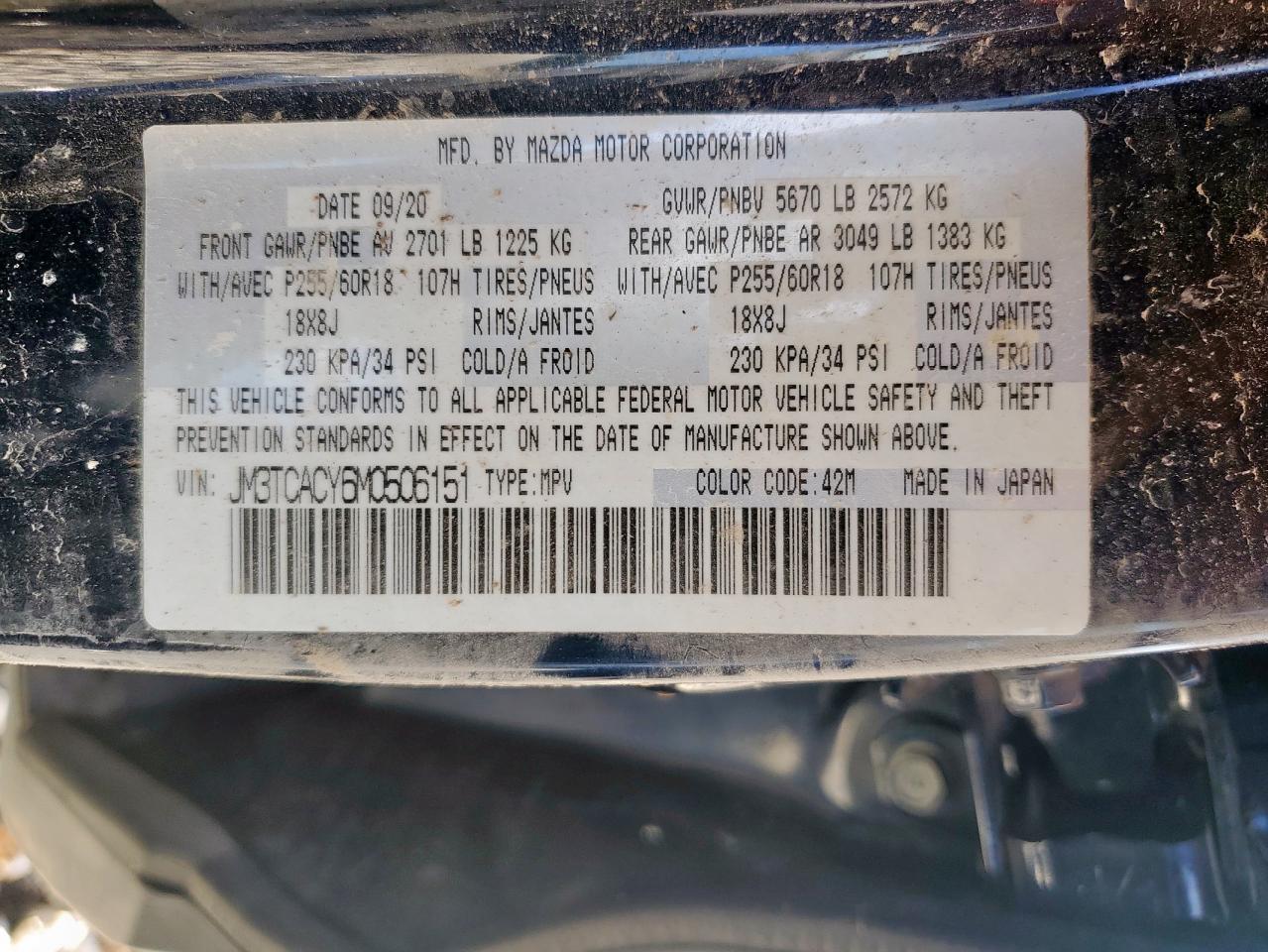 2021 Mazda Cx-9 Touring VIN: JM3TCACY6M0506151 Lot: 64214465