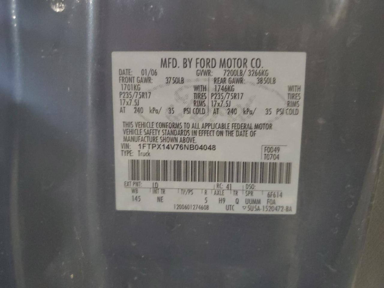 2006 Ford F150 VIN: 1FTPX14V76NB04048 Lot: 64300175