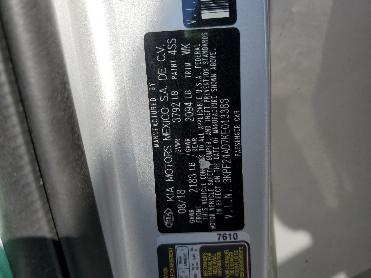 2019 Kia Forte Fe VIN: 3KPF24AD7KE013383 Lot: 65035415