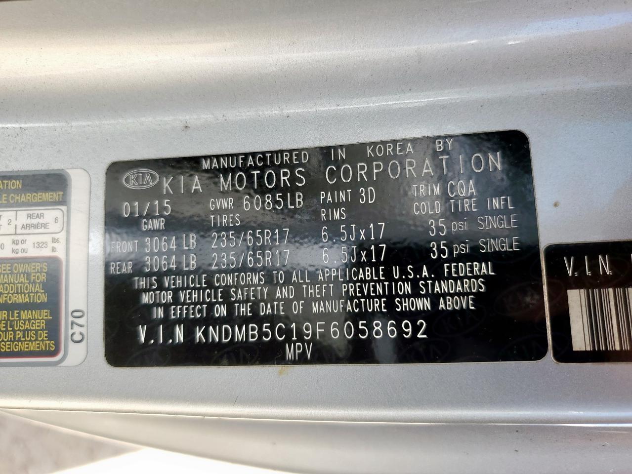 2015 Kia Sedona Lx VIN: KNDMB5C19F6058692 Lot: 66756495