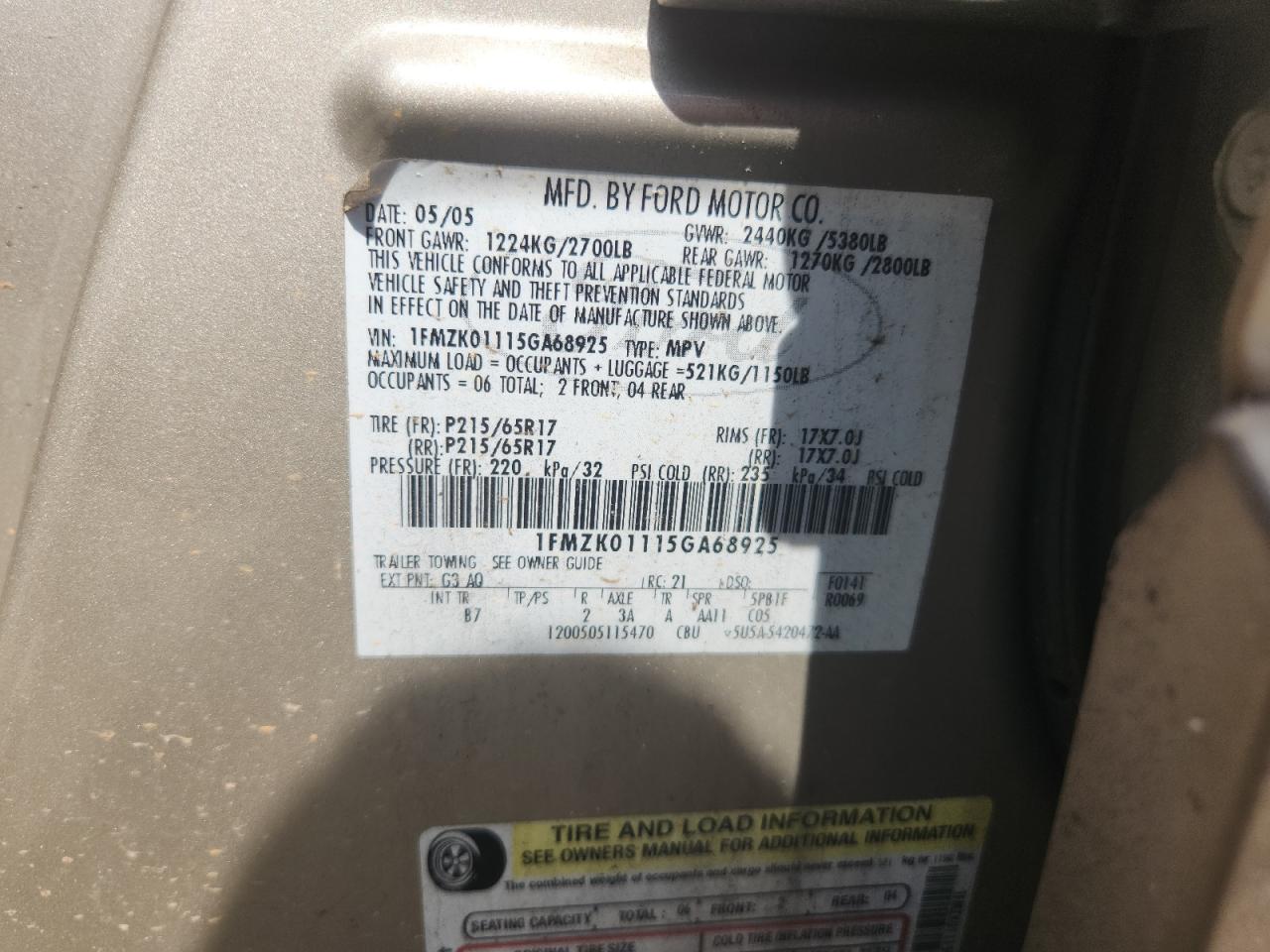 2005 Ford Freestyle Se VIN: 1FMZK01115GA68925 Lot: 63579865