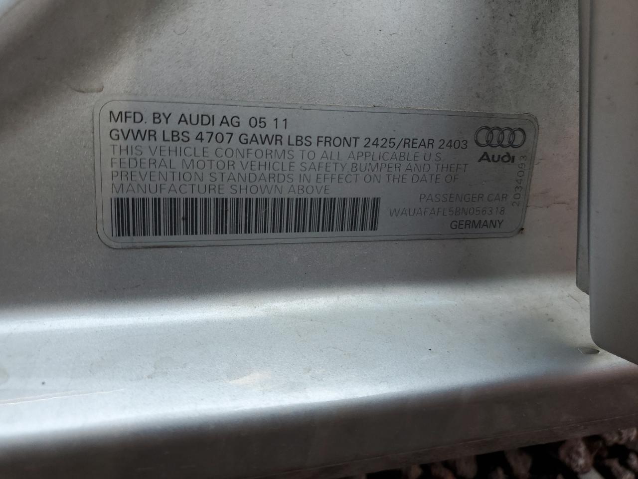 2011 Audi A4 Premium VIN: WAUAFAFL5BN056318 Lot: 64522145