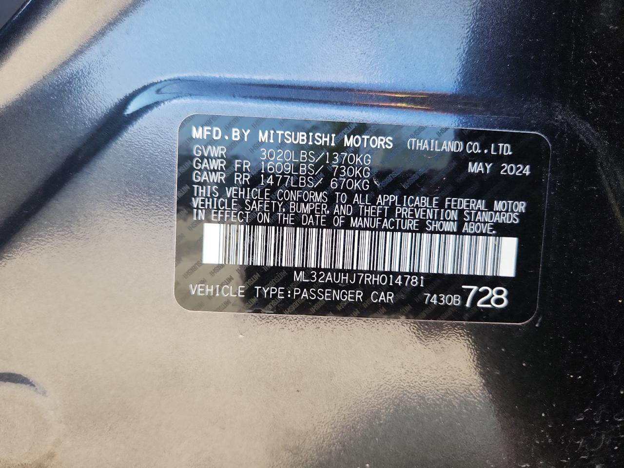 2024 Mitsubishi Mirage Es VIN: ML32AUHJ7RH014781 Lot: 64286735