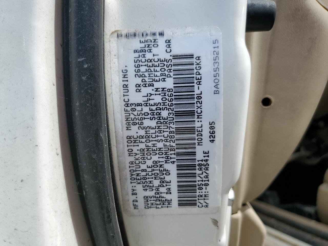 2003 Toyota Avalon Xl VIN: 4T1BF28B73U326668 Lot: 63802615
