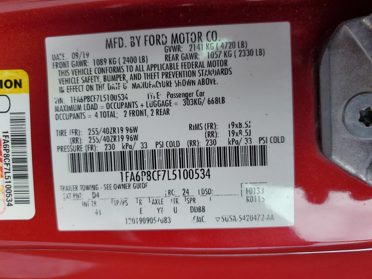 2020 Ford Mustang Gt VIN: 1FA6P8CF7L5100534 Lot: 64526455