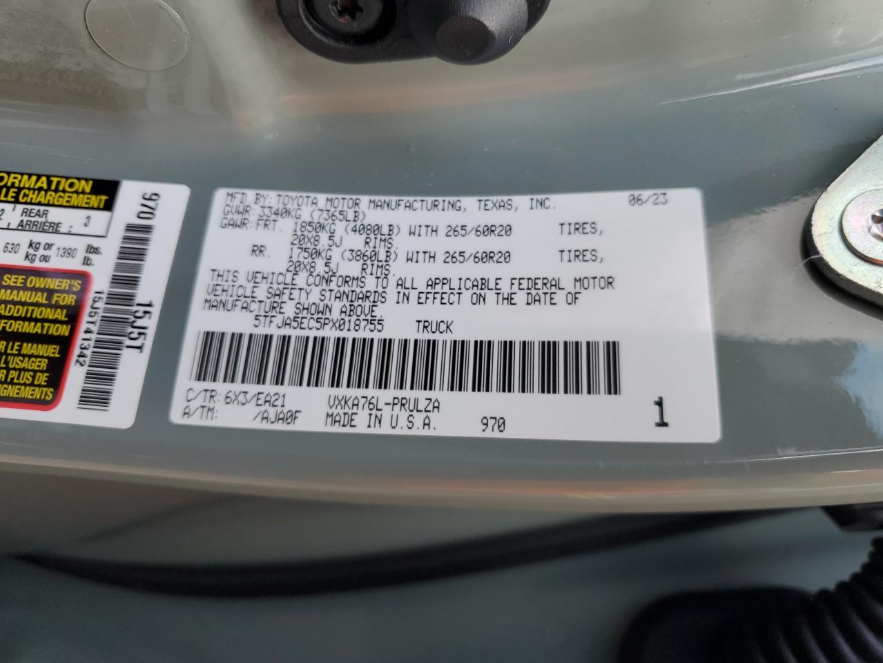 2023 Toyota Tundra Crewmax Limited VIN: 5TFJA5EC5PX018755 Lot: 63148015