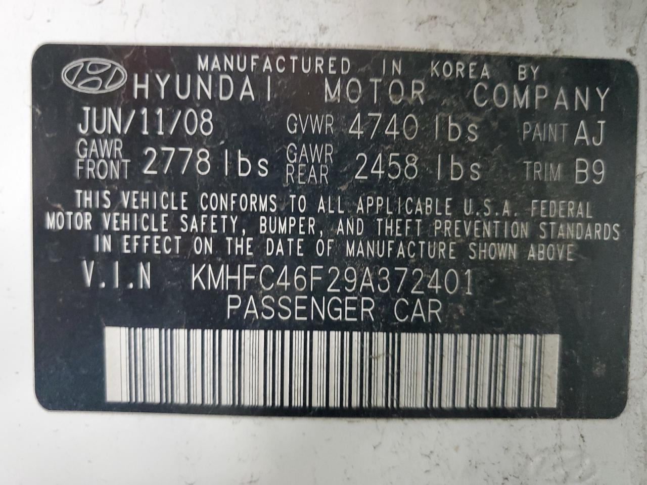 2009 Hyundai Azera Se VIN: KMHFC46F29A372401 Lot: 65382785