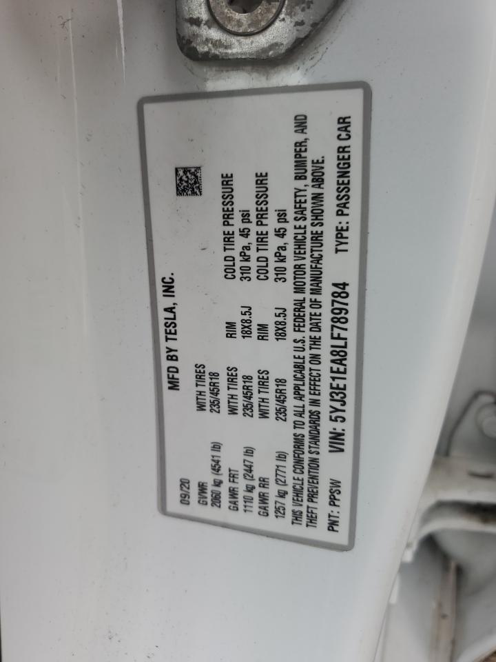 2020 Tesla Model 3 VIN: 5YJ3E1EA8LF789784 Lot: 64620165