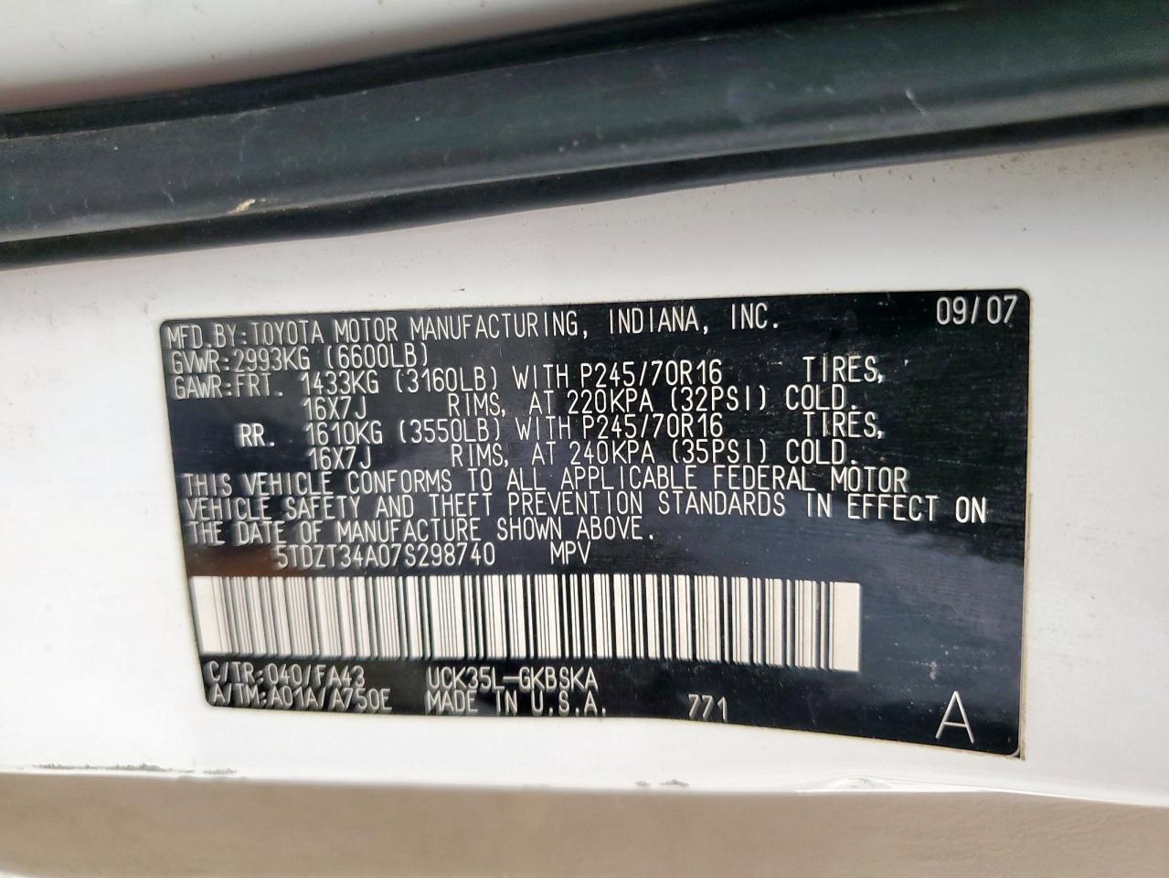 2007 Toyota Sequoia Sr5 VIN: 5TDZT34A07S298740 Lot: 67059805